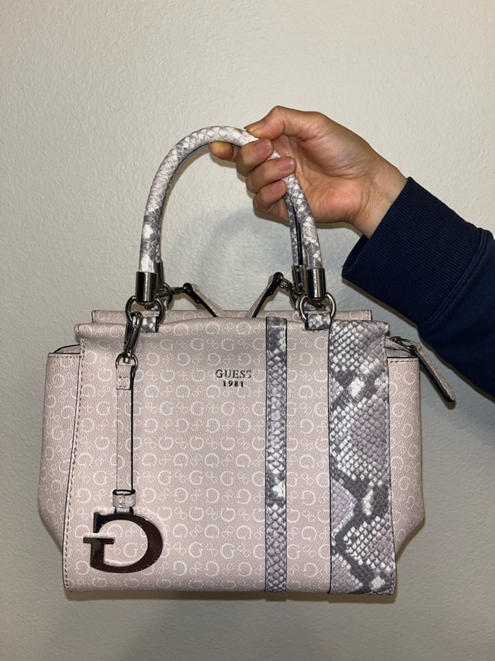 Guess Pink Monogram Satchel with Snake-Print Trim